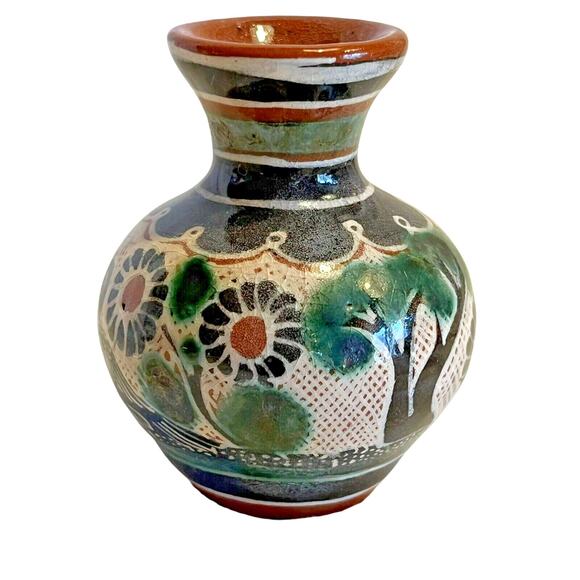 Mexican Tonala Mini Vase Redware Birds Roses Trees Folk Art 2.5 in - Picture 4 of 8